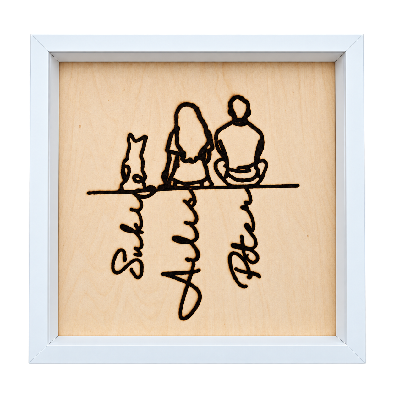 Personalised wooden picture featuring a family and pet, shown in a frame